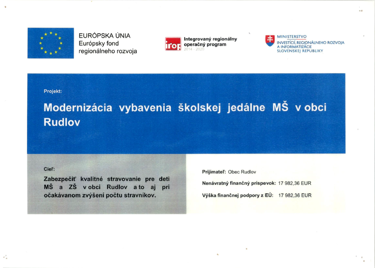 Fotka - Modernizácia vybavenia školskej jedálne MŠ v obci Rudlov